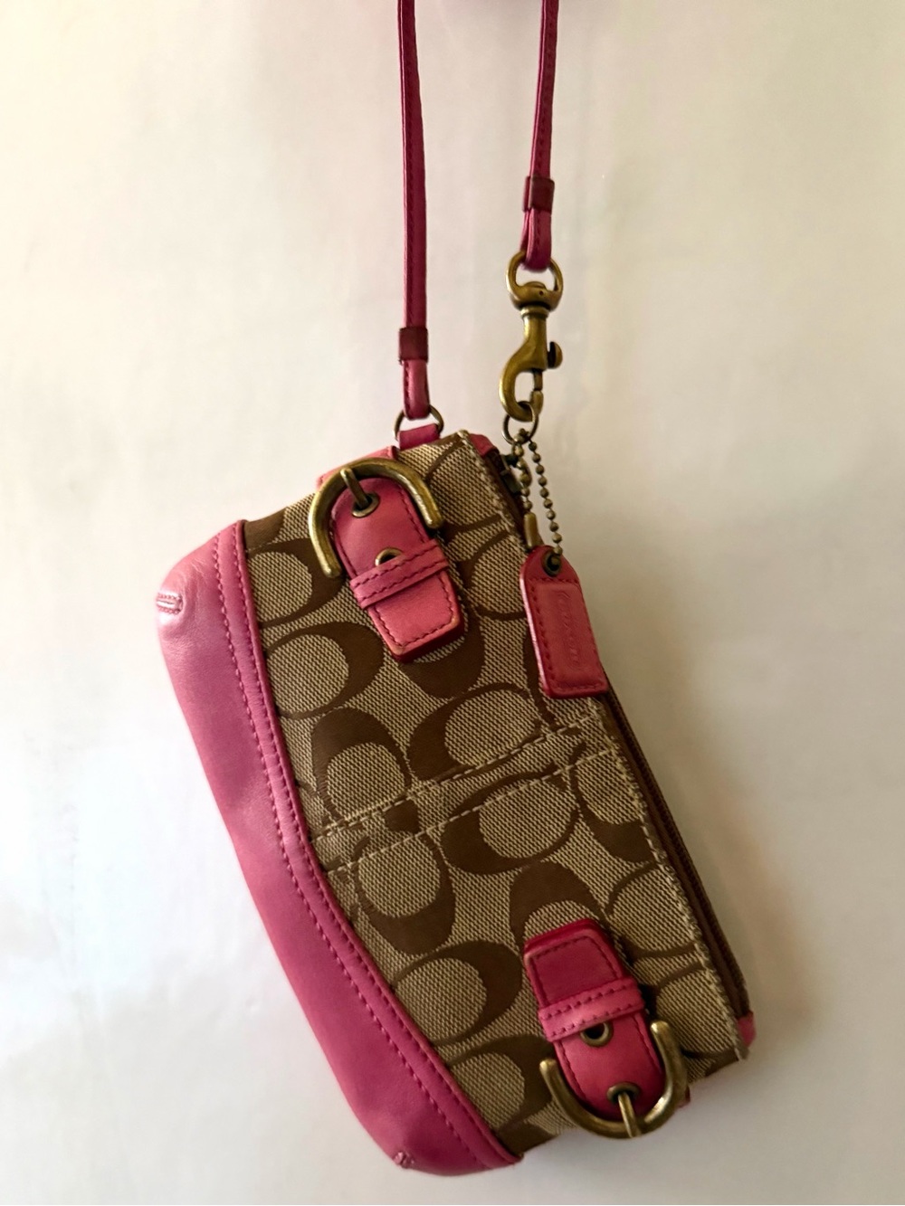 Y2K Rare Coach Brown Signature Canvas Wristlet with Pink Leather Trim